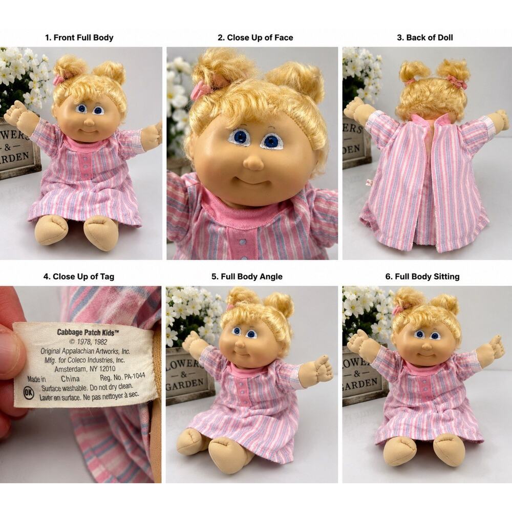 Vintage Coleco Cabbage Patch Kids Blonde Pigtails Doll Pink Stripe Dress